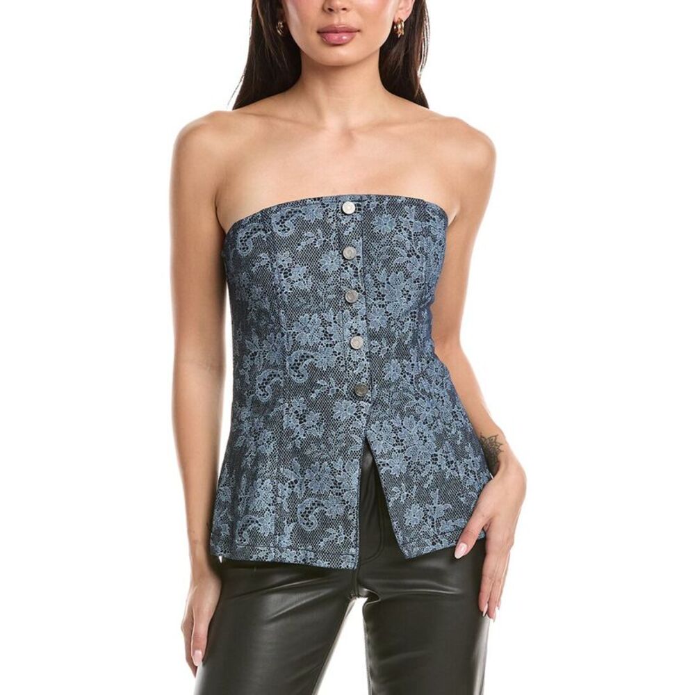 AFRM Blue Lace Strapless Button-Front Tank